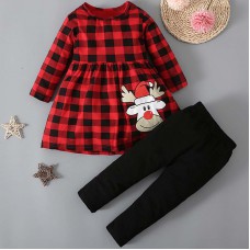 【12M-5Y】Girls Christmas Red Plaid T-shirt Pants Set