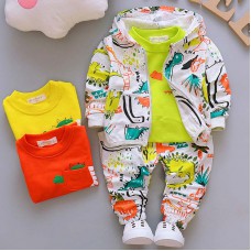 【12M-4Y】Boys Fashion Dinosaur Pattern Sweatshirt Jacket Pants Three-piece Set