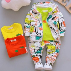 【12M-4Y】Boys Fashion Dinosaur Pattern Sweatshirt Jacket Pants Three-piece Set