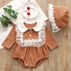 【0M-24M】2-piece Baby Cute Ruffled Long-sleeved Romper With Hat - 8011