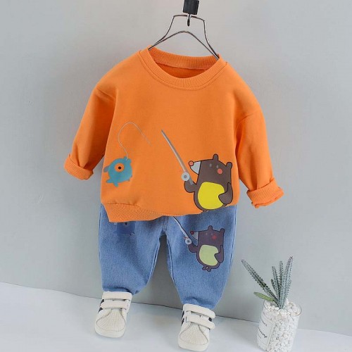 【12M-5Y】Boys Cartoon Print Long Sleeve Sweatshirt And Denim Pants Set