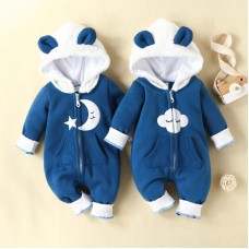 【0M-18M】Baby Adorable Moon And Cloud Embroidered Blue Hooded Romper - 8012