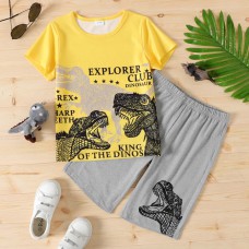 【4Y-13Y】2-piece Boys Casual Dinosaur Print Round Neck Short Sleeve T-shirt And Shorts Set