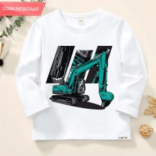 【12M-9Y】Boys Excavator Print Cotton Stain Resistant Long Sleeve T-shirt