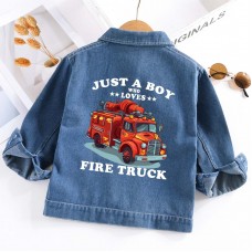 【2Y-10Y】Boys Letter And Fire Truck Print Blue Denim Jacket