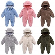 【0M-12M】Unisex Baby Thickened Fleece Hooded Bodysuit Coral Fleece Romper