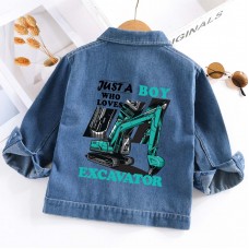 【2Y-10Y】Boys Letter And Excavator Print Blue Denim Jacket