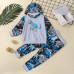 【12M-5Y】Boys Dinosaur Print Long Sleeve Hooded Sweatshirt Pants Two-Piece Set