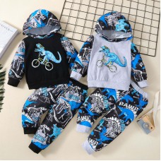 【12M-5Y】Boys Dinosaur Print Long Sleeve Hooded Sweatshirt Pants Two-Piece Set