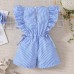 【6M-5Y】Girl Cute Striped Floral Embroidery Ruffle Sleeveless Jumpsuit - 3906