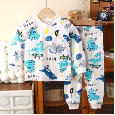 【18M-12Y】Boy Casual Cotton Cute Bear Dinosaur Print Round Neck Pajamas Set