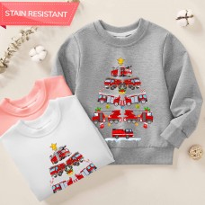 【12M-9Y】Unisex Cotton Stain Resistant Fire Truck Christmas Tree Print Long Sleeve Sweatshirt