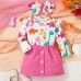 【3M-24M】3-piece Baby Girl Cute Colorful Dinosaur Long Sleeve Romper And Rose Red Skirt Set