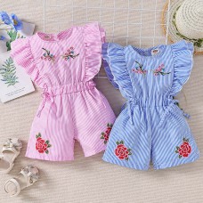 【6M-5Y】Girl Cute Striped Floral Embroidery Ruffle Sleeveless Jumpsuit - 3906