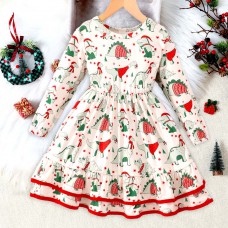 【2Y-7Y】Girl Christmas Cartoon Dinosaur Print Ruffle Long Sleeve Dress