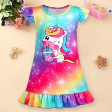 【3Y-10Y】Girls Cute Rainbow Unicorn Dinosaur Cartoon Print Ruffle Sleeveless Dress