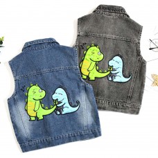 【18M-8Y】Boy Casual Cute Dinosaur Embroidered Lapel Wash Water Denim Jacket