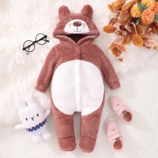 【0M-18M】Unisex Baby Cute Velvet Keep Warm Bear Colorblock Hooded Jumpsuit