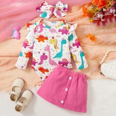 【3M-24M】3-piece Baby Girl Cute Colorful Dinosaur Long Sleeve Romper And Rose Red Skirt Set