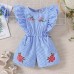 【6M-5Y】Girl Cute Striped Floral Embroidery Ruffle Sleeveless Jumpsuit - 3906