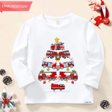 【12M-9Y】Unisex Fire Truck Christmas Tree Print Cotton Stain Resistant Long Sleeve T-shirt