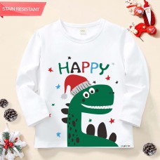 【12M-9Y】Boy Cotton Stain Resistant Christmas Dinosaur Print Long Sleeve Tee