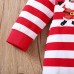 【0M-12M】2-piece Unisex Baby Red Christmas Striped Cartoon Embroidered Long Sleeve Romper With Hat