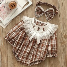 【0M-24M】2-piece Baby Girls Cotton Plaid Long Sleeve Romper With Hairband