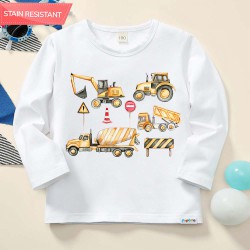 【12M-9Y】Boy Cotton Stain Resistant Excavators And Dump Trucks Print Long Sleeve Tee