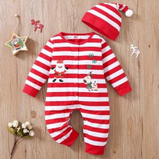 【0M-12M】2-piece Unisex Baby Red Christmas Striped Cartoon Embroidered Long Sleeve Romper With Hat