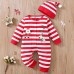 【0M-12M】2-piece Unisex Baby Red Christmas Striped Cartoon Embroidered Long Sleeve Romper With Hat