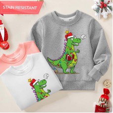 【12M-9Y】Unisex Kids Cotton Stain Resistant Christmas Dinosaur Print Long Sleeve Sweatshirt