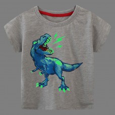 【18M-7Y】Boys Gray Luminous Dinosaur Print Round Neck Short Sleeve T-shirt