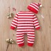 【0M-12M】2-piece Unisex Baby Red Christmas Striped Cartoon Embroidered Long Sleeve Romper With Hat