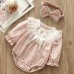 【0M-24M】2-piece Baby Girls Cotton Plaid Long Sleeve Romper With Hairband