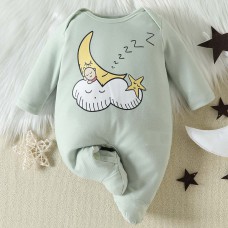 【0M-9M】Unisex Baby Green Cartoon Print Long Sleeve Romper