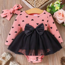 【0M-18M】2-piece Baby Girl Pink Heart Print Long Sleeve Romper With Hairband