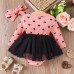 【0M-18M】2-piece Baby Girl Pink Heart Print Long Sleeve Romper With Hairband