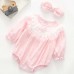 【0M-24M】2-piece Baby Girl Multicolor Cotton Jacquard Long Sleeve Romper With Hairband