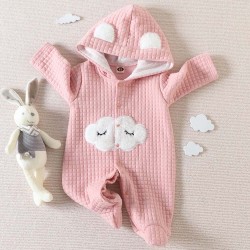 【0M-9M】Baby Girl Pink Thick Cloud Embroidered Long Sleeve Hooded Romper