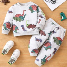 【18M-6Y】2-piece Boys Dinosaur Print Round Neck Long-sleeved Sweatshirt And Pants Set