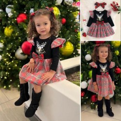 【3M-24M】Girls Christmas Elk Printed Long Sleeve Plaid Dress - 33264